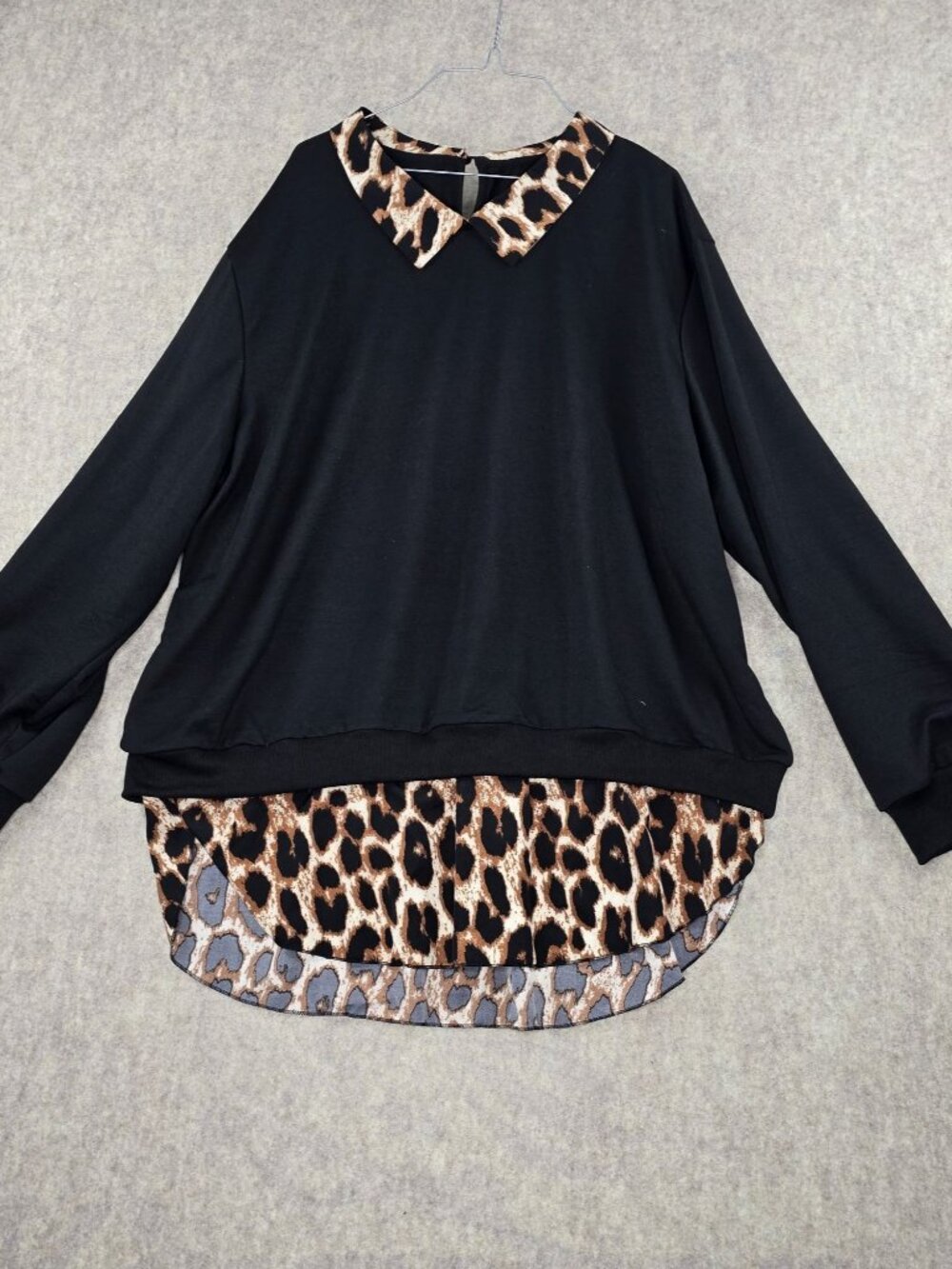 Black Long Sleeve Top With Leopard Print Collar & Hem Women’s 5XL Polyester Casu